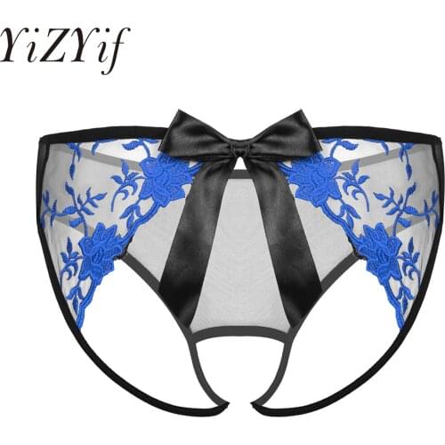 Mens Gay Male Sissy Hole Panties Embroidered Briefs See-Through Mesh Open Butt Crotchless Low Waist Bowknot Underwear Underpants