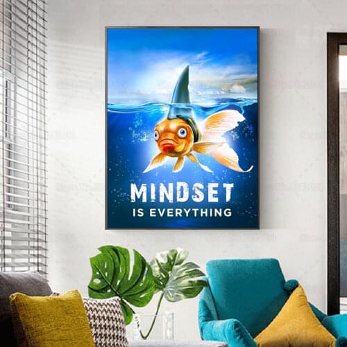Mind Set Is Everything Canvas Painting Funny Golden Fish and Shark Print Inspirational Wall Art Decoration