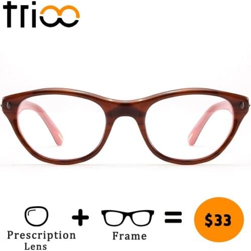 TRIOO Acetate Cat Eye Myopia Glasses for women Pink Clear Diopter Anti Blue Ray Oculos Grau Qualtiy Fashion Minus Eye Glasses