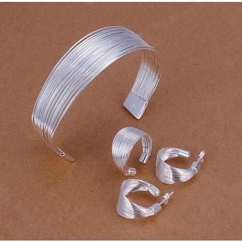 S312 Wholesale Free Shipping Silver Fine Jewelry Sets,925-Sterling-Silver Charms Fashion Multi-Stands Ring Earrings Bangle S312
