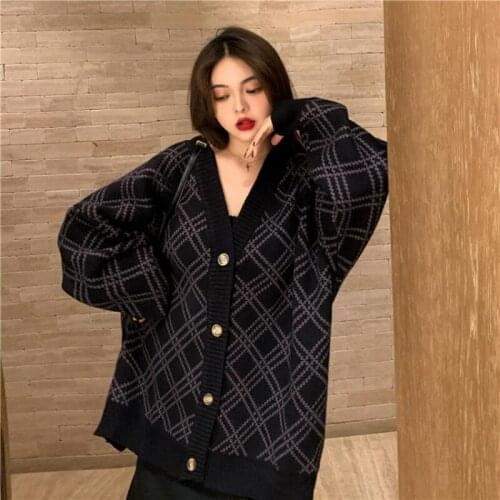 Autumn Winter New Loose V-neck Rhombic Sweater Coat Womens Medium Length Black Knitted Cardigan 2021 Hong Kong Style