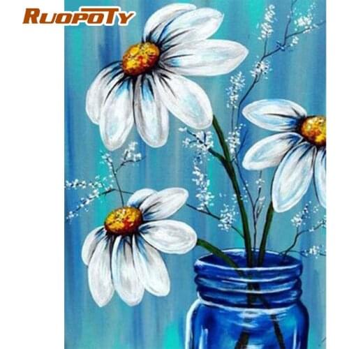 RUOPOTY Square Round Drill 5D Diamond Painting Art Crafts Full Diamond Embroidery White Flowers Home Decor Diy Gift
