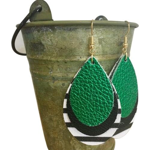 New Triple Teardrop Black & White Striped Faux Leather Earrings Glitter Double Sided Water Drop Leaf Earrings