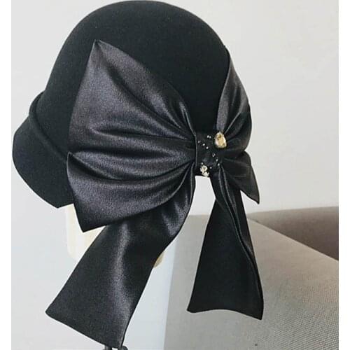 Fibonacci 2020 New Quality Wool Felt Fedoras Womens Autumn Winter Bucket Hats Retro Ribbon Bow Dome Elegant Banquet Fedora Hat
