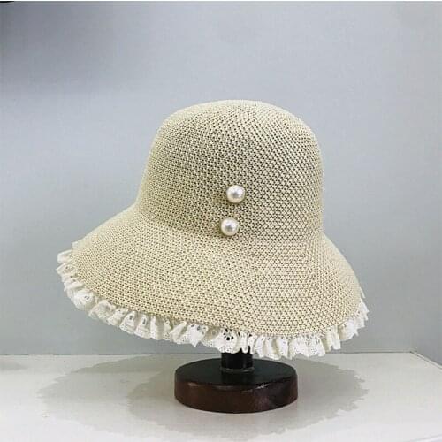 Womens Summer Hat Wide Brim Bucket Hat Lace Pearl Decoration Sun Protection Cap for Girls Female Beach Hat Straw Hat Sun Hats