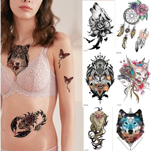 Sun Catcher Sticker Waterproof Temporary Tattoos for women Dream Catcher Tattoos and Body Art Arm Neck Chest Snake Fox Wolf Tato