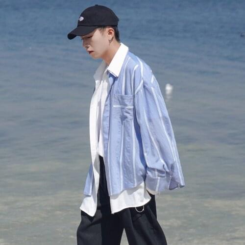 Spring and autumn mens stripe Long Sleeve Shirt Mens Fashion Top youth loose and handsome clothes