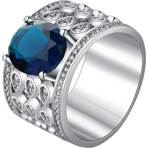 Vintage silver color ring glossy band blue stone with AAA zirconia finger ring charm hollow lace jewelry ladies bague