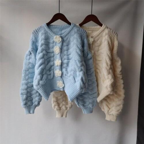 Knitted Sweater Women Floral Crochet Button Cardigans Female Autumn Winter Long Sleeve O-Neck Sweaters Loose Clothes Tide G1429