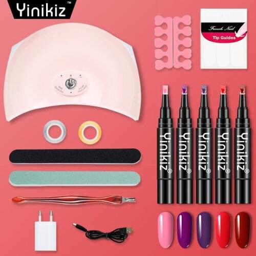 Yinikiz Convenient One Step Polish Varnish Pen Set 15pcs/set 36w Uv Lamp 5 Colors 3 In 1 One Step Pen Manicure Tools
