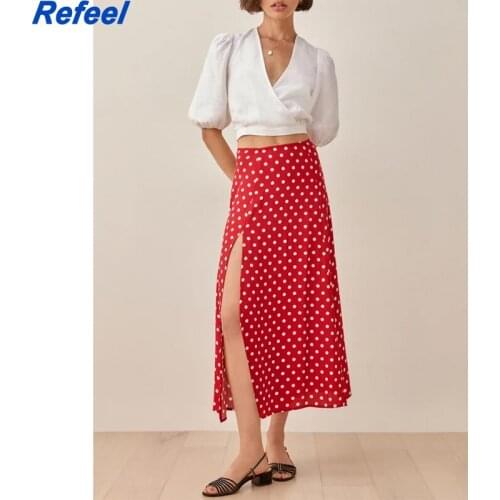 Dot Midi Skirt Vintage Chic Summer Women Pleated Skirts Casual Chic Split Sexy Holiday Female Ladies Skirt