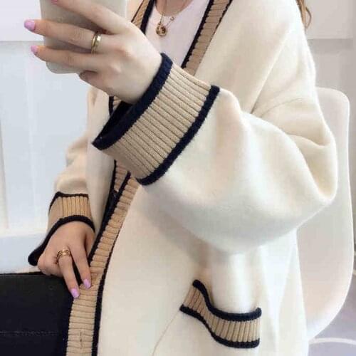 Womens Sweater 2019 Spring Winter New Sweater Cardigan Loose Long Section V-neck Fashion Splice Knitted Sweaters College Wind
