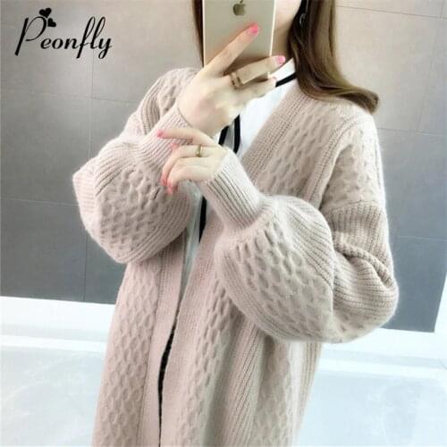 PEONFLY Loose Long Cardigan Women 2019 Autumn Winter Lantern Sleeve Sweater Cardigan Female Casual Yellow Knitted Jacket Women