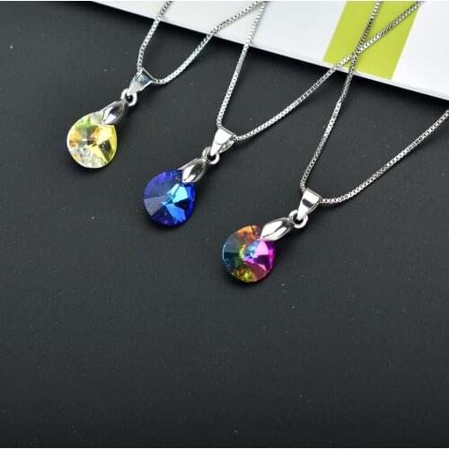 Blue Colorful Crystal Water Drop Pendants Necklaces Simple Wedding Party Jewelry Women Silver Color Chain Chokers Collier Femme