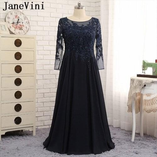 JaneVini Vestidos Navy Blue Plus Size Mother of Bride Dresses 2018 A Line Long Sleeve Lace Appliques Beads Chiffon Evening Gowns