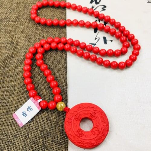 Zheru natural cinnabar carved red lucky donut pendant with multi-color bead necklace fine men and women sweater chain