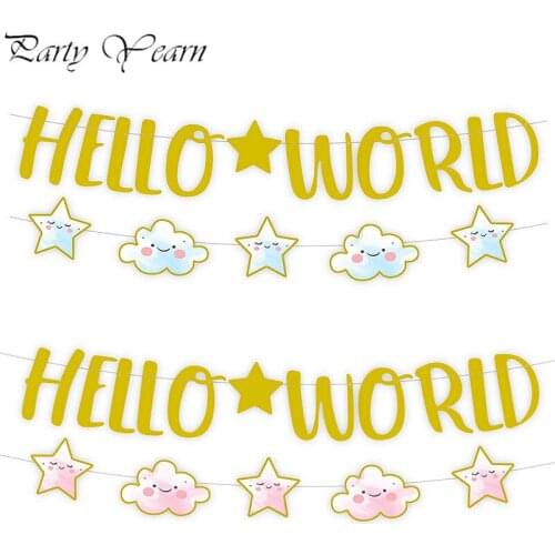 Gold Hello World Welcome Baby Birthday Banners Pink Blue Paper Bunting Flags Kids 1st Birthday Decorations Baby Shower Banner