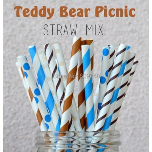 100pcs Mixed Colors Toy Bear Picnic Paper Straws,White with Blue Dot, Blue and Brown Stripe, Brown Thin Stripe, Cheap Party