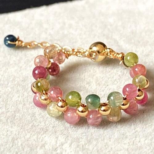 2020 New 14k Gold-Wrapped Handmade Double-Layer Woven Natural Colored Tourmaline. South Red Agate Double Row Ring Jewelry