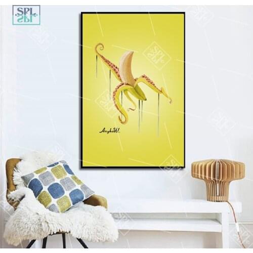 Abstract Fruit Canvas Art Poster Creative Yellow Octopus Banana Painting Modern Kitchen Room Decor Wall Art Picture for Bedroom
