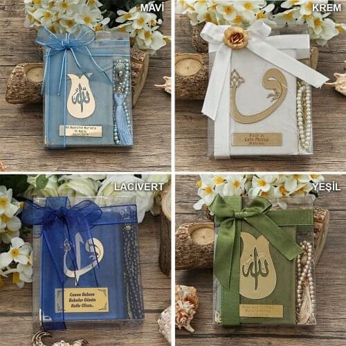 Velvet Covered Quran, Pearl Rosary, Gift Package with Acetate Box (Color Options) FREE SHİPPİNG