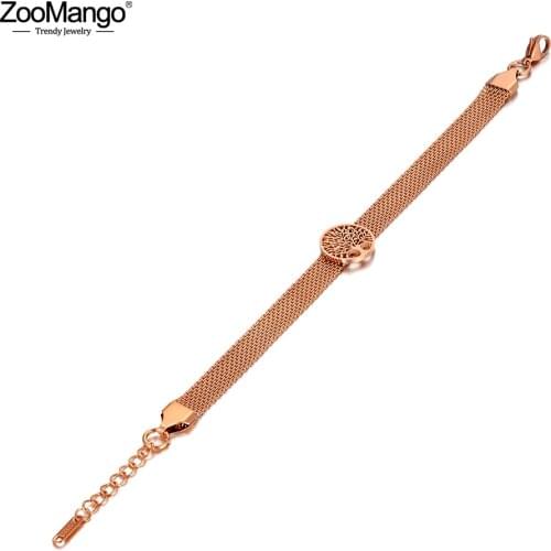 ZooMango Trendy Round Disc Tree Charm Bracelets Jewelry For Women Rose Gold Stainless Steel Network Chain Link Bracelet ZB20028