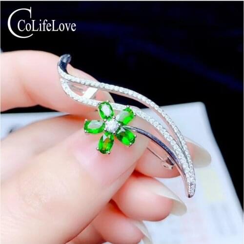 CoLife Jewelry 925 Silver Brooch for Evening Party 5pcs Natural Chrome Diopside Sterling Silver Diopside Brooch Gift for Wife