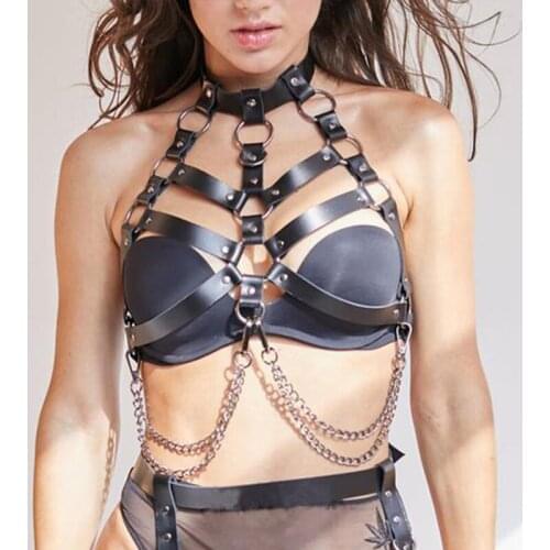 Black Leather Harness Bra Suspenders with Chain for Women Punk Fashion Lingerie Body Bondage Straps Chest Harness Erotic Sets