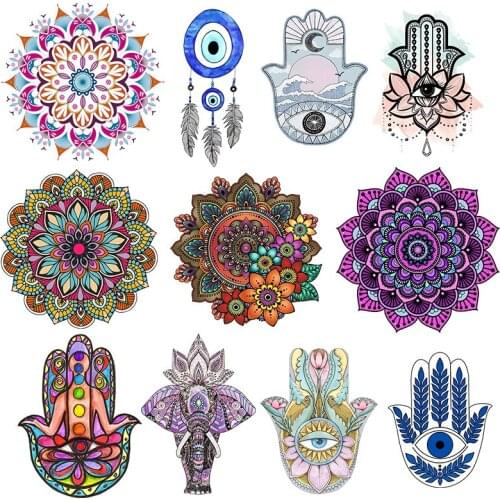 Hand of Fatima Mandala Flowers Heat Transfer washable Iron on Patches Stripes Thermo Stickers Patch Iron on T-shirts Decoration