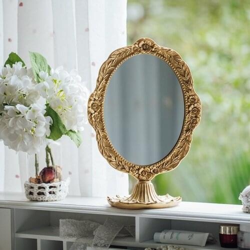French Carved Golden Mirror Makeup Desktop Bedroom Dressing Table Decoration Accessories Retro Decorative Crafts Ornaments