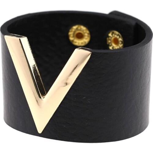 Personality simple wide leather bracelet men and women trend go with Gothic punk V word leather bracelet bracelet jewelry