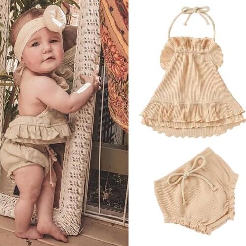 Summer Infants Knitting Halter Backless Dress Shorts Elastic Flouncing Hem Baby Girl Clothes Set