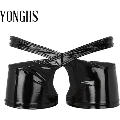 Mens Lingerie Sex Underwear Wetlook Faux Leather Low Rise Open Crotch Two Symmetrical Halves Boxer Briefs Underwear Sexy Panties