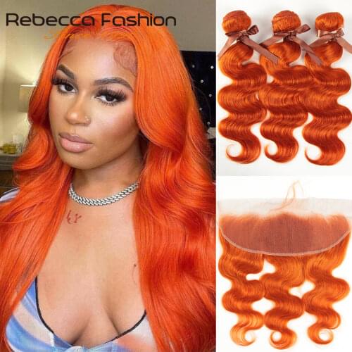 Rebecca Ginger Orange Blonde Bundles With Frontal Body Wave Frontal With Bundles Brazilian Human Hair 3 Bundles With Closure