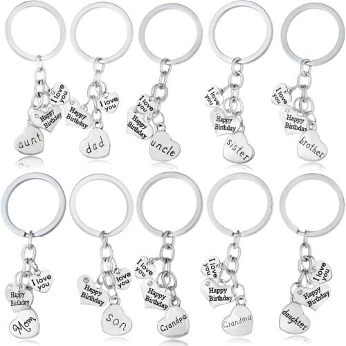 Happy Birthday Heart Crystal Charm Keyrings I Love You Dad Mom Grandpa Grandma Heart Pendant Keychain Family Birthday Party Gift
