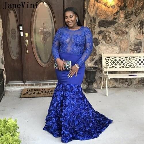 JaneVini Sexy African Long Sleeve Royal Blue Prom Dresses Appliques 3D Flowers Illusion Satin Mermaid Prom Dress for Black Girls
