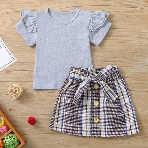6M-5Y Baby Girl Clothes Set Kids Short Sleeve Solid Color Ruffles Tops Tee T-Shirt Plaid Skirts Outfits Sets комплекты одежды L