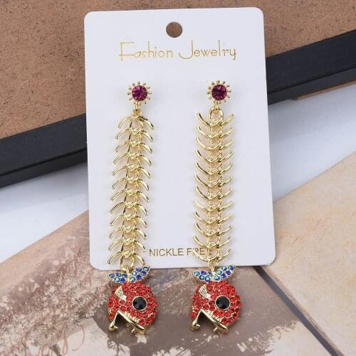 Fashion Gold Color Metal Fish Bone Long Earrings Women inlay Rhinestone Fish Pendant Drop Earring Jewely Vintate Party Earrings