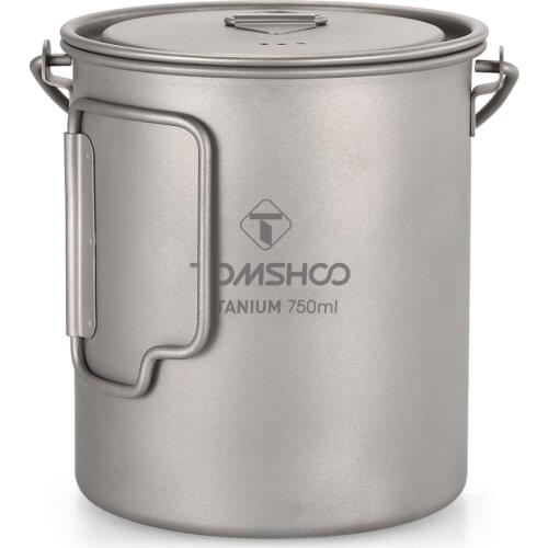 TOMSHOO Ultralight 750ml Titanium Pot Portable Titanium Water Mug Cup with Lid and Foldable Handle Outdoor Camping Cooking Pot
