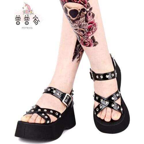 Princess sweet lolita shoes Dark-black Gothic wind sandals open-toed rivets thick-soled custom muffin shoes women pu972