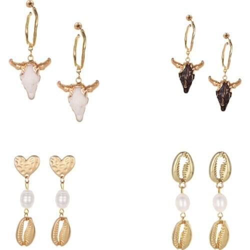 2019 Heart Punk Gold Sea Shell Drop Earring For Women Beach Summer Maxi Statement Pearl Resin Bull Earring Wedding Boho Jewelry