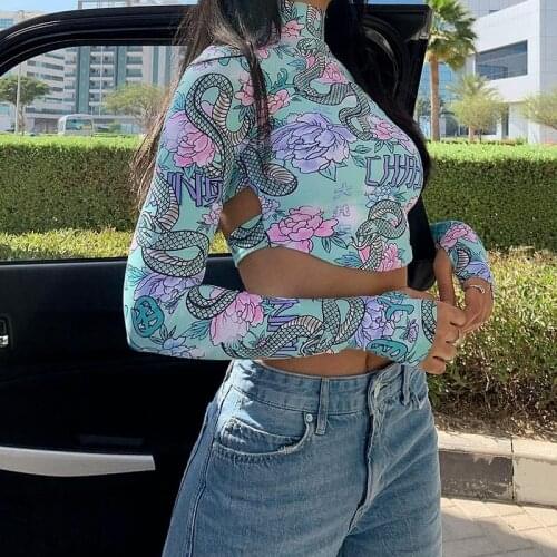 Tossy Skinny Backless Floral Crop Top Women Fashion Printed Short Tee Vintage High Streetwear Bodycon Turtleneck Tshirts Summer