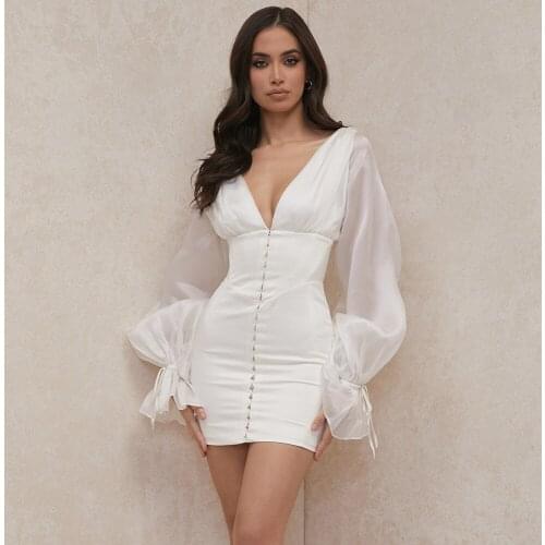 New Summer Women Fashion Lace Mini Dress 2021 Sexy V Neck Flare Sleeve Celebrity Club Party White Dress