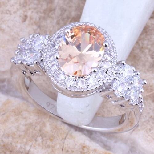 Prominent Champagne Morganite White CZ Silver Plated Womens Ring Size 6 / 7 / 8 / 9 R1161