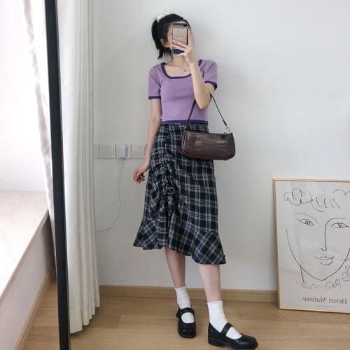 Women Summer Vintage High Waist Wild Plaid Print Skirt Casual Maxi Dress 2020