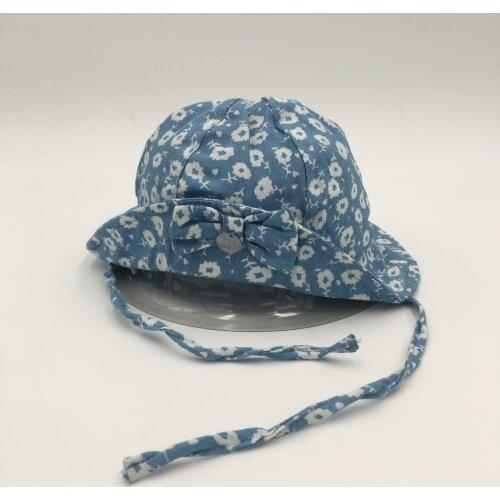 2021 Spring Summer Girls Ramie Cotton Fabric With Floral Print Bow Blue&White Fishing Hat