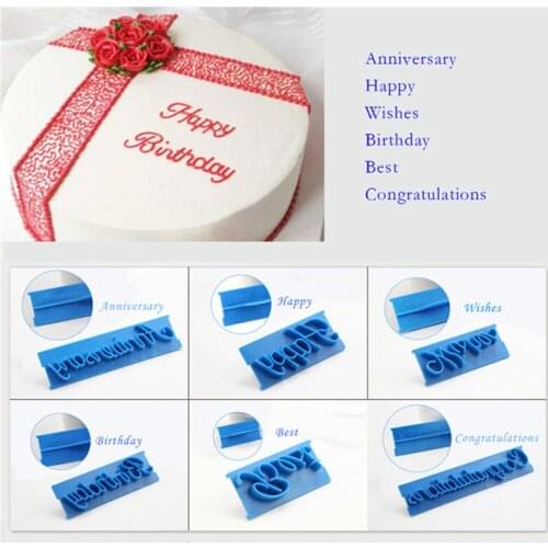 6pcs/set Handwriting Fondant Cake Embosser Plastic Letters Mold Happy Birthday Best Wishes Anniversary Dough Cutter Cookie Tools