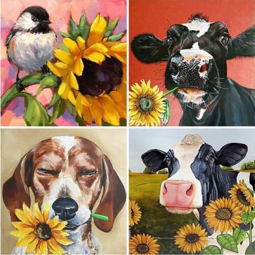 HUACAN Diamond Painting Dog Sunflower Full Square Needlework Art 5D DIY Diamond Embroidery Animal Mosaic Cow Home Decor