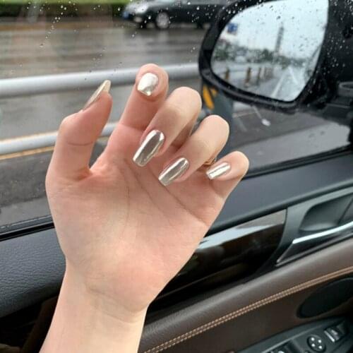American punk style New metal sliver pure color false nails french with glue Middle-long size lady full nail tips cute fake nail