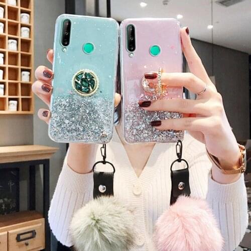 Glitter Case For Huawei Y8S Y8P Y7P Y7A Y6P Y5P Case Ring Stand Cover Huawei Y7 Y6 Y5 Y9 Prime 2019 2018 Cover With Hairball